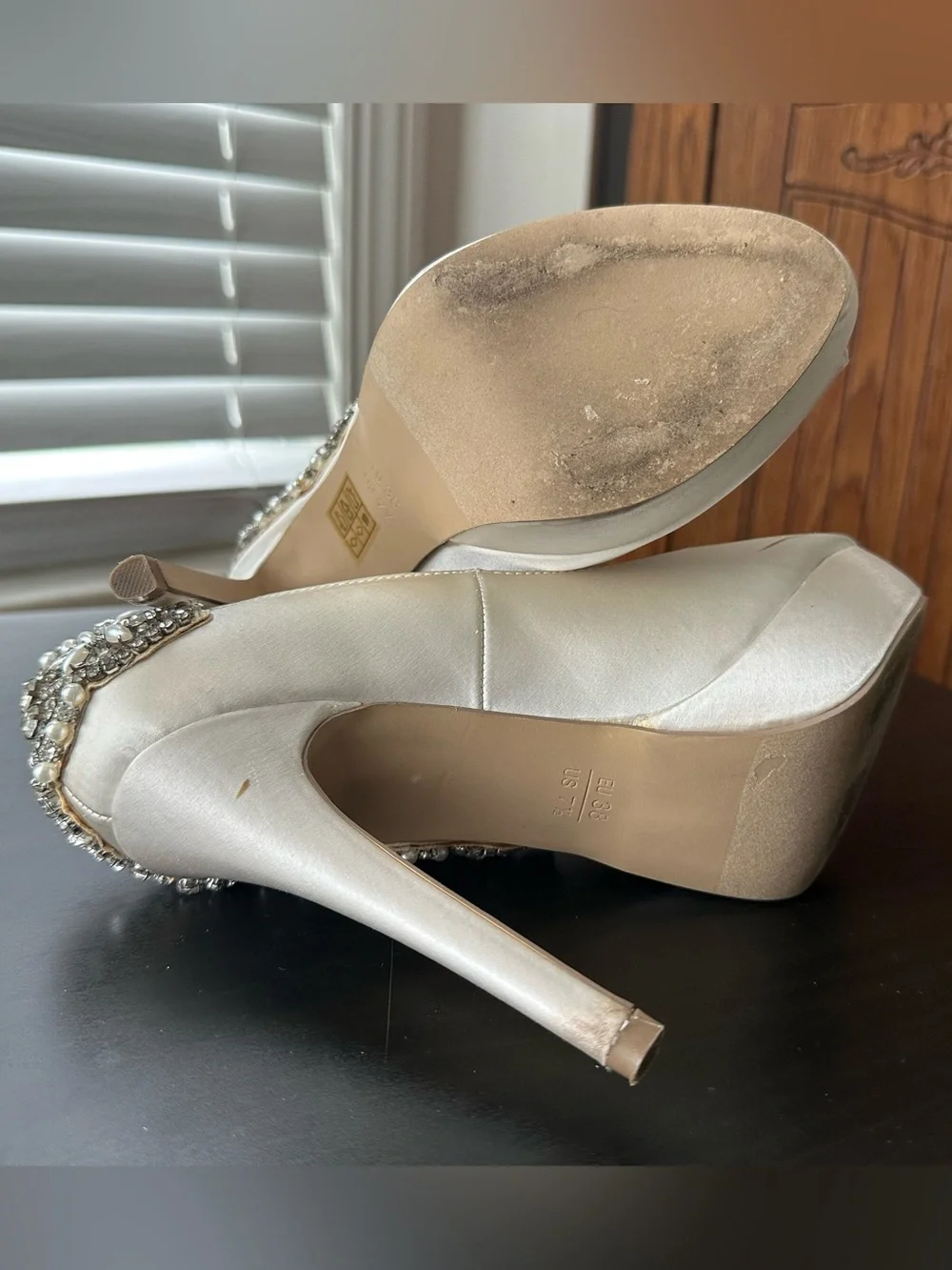 Paradox London Pink Satin Ivory Peep-Toe Platform Heels with Crystal Trim